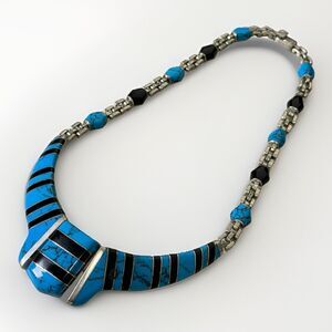 Vintage Mexico 950 Turquoise And Onyx Heavy Necklace